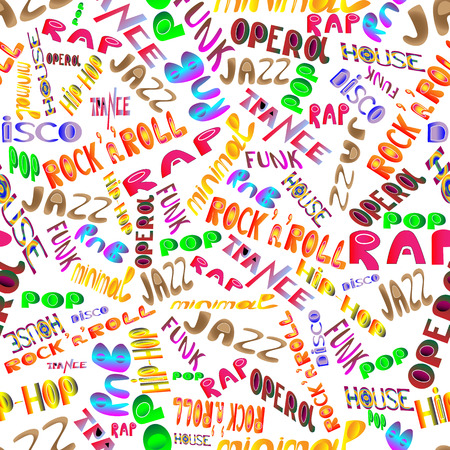 Music styles and genres on a white background. Seamless pattern of musical titlesのイラスト素材