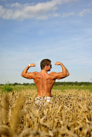 bodybuilder with sunglasses standing waist-deep in the field. Space for text.の写真素材