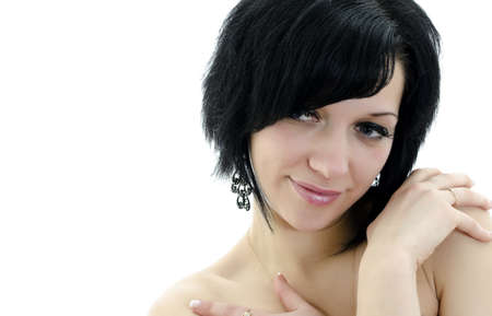 Close-up portrait of brunette woman, isolated over white backgroundの写真素材