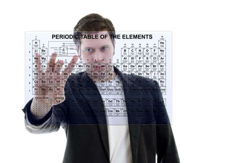 Male with Pereodic Table of Elements on touch screen interface. Isolated on white.の写真素材