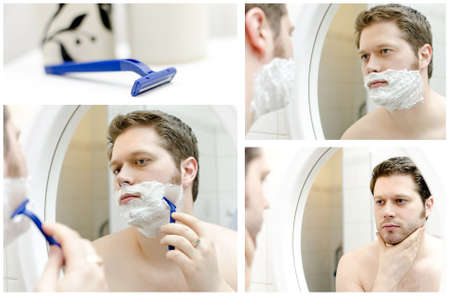 Collage of Man shaving  four photos の写真素材