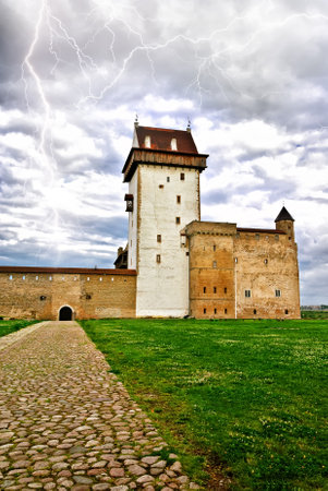 Medieval castle with clouds and lightningのeditorial素材