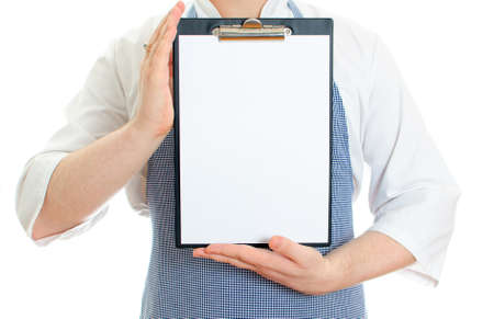 Male chef cook hands holding paper. Isolated on whiteの写真素材