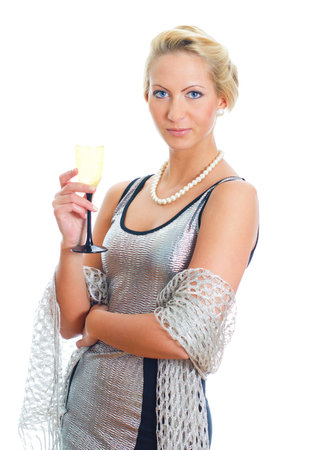 Blonde woman in party dress holding wineglass. Isolated on white