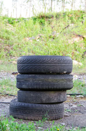 Old tires in forestの写真素材