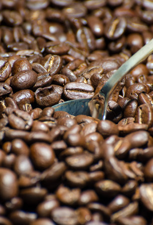 Roasted coffee beans with spoon  Close-up  