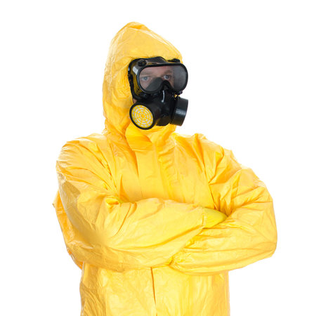 Man in protective hazmat suit  Isolated on white 