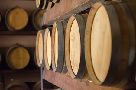 Wine barrels stacked in the cellar 