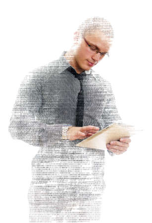 Male programmer with tablet pc on white の写真素材