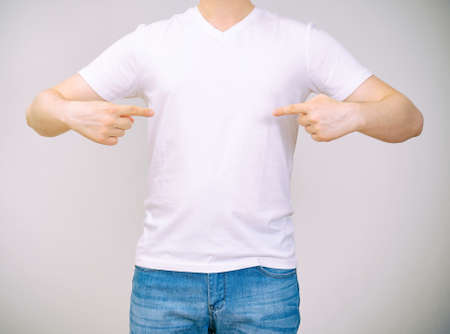 Man in white t-shirt  Grey の写真素材
