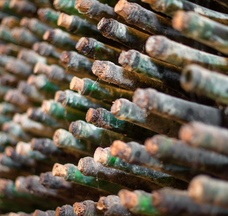 Pile of very old dusty wine bottles.