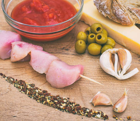 Food ingredients on wooden tabletop. Top view.の写真素材