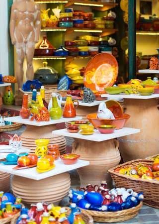 Colorful pottery in the Mediterranean market.の写真素材