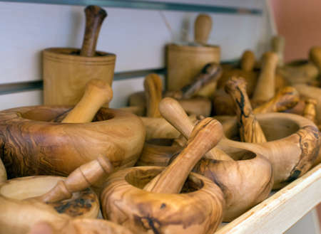 Handmade mortars and pestles in the shop.の写真素材