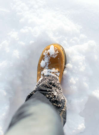 Men's boot in the snow in winter.の写真素材