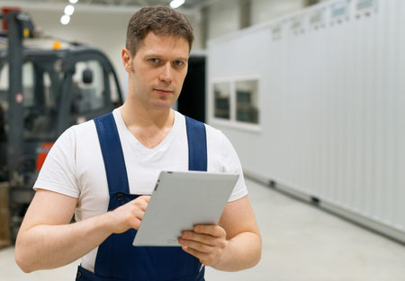 Handsome supervisor with tablet pc at the warehouse. Place for text.