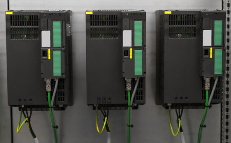 Close-up view of industrial converters at factory.