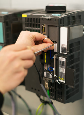 Close-up view of industrial converters at factory.