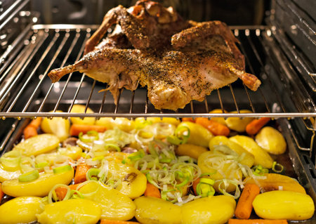 Roasted duck with potatoes in the oven.