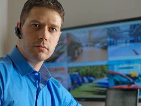 Security guard monitoring video in security room.