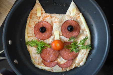 Handmade pizza in the form of cat.の写真素材