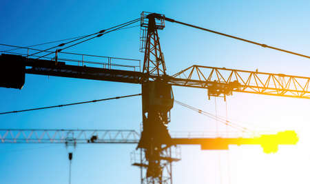 Industrial construction cranes silhouettes on the sunset.の写真素材