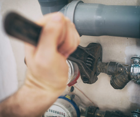 Male plumber fixing water meter with adjustable wrench.