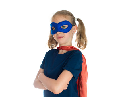 Superhero kid isolated on white. Space for text.
