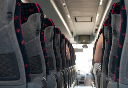 View from inside the bus with passengers.の写真素材