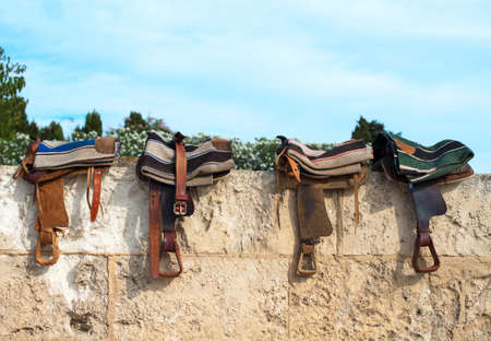 Horse saddles on the wall.の写真素材