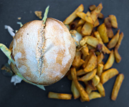 Junk food concept. Hamburger with fries. Top view.