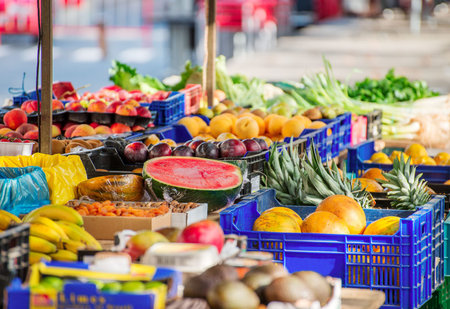 Market stand with fruits on the street.の写真素材
