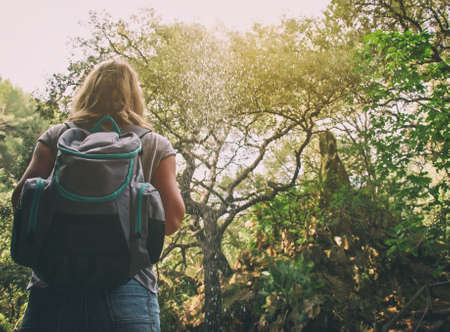 Woman with backpack enjoying nature. Back view.の写真素材