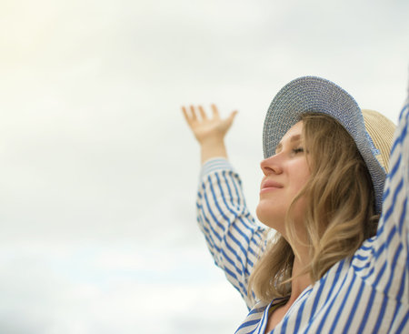 Portrait of happy woman. Place for text.