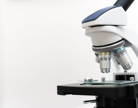Close-up view of microscope in the laboratory. Space for your text.