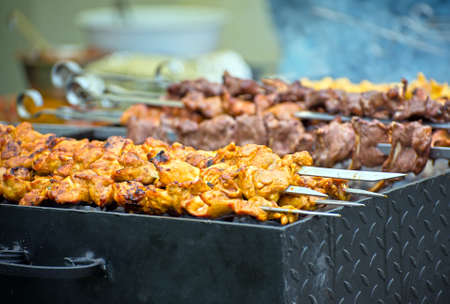 Lamb and chicken shashlik on the grill.の写真素材
