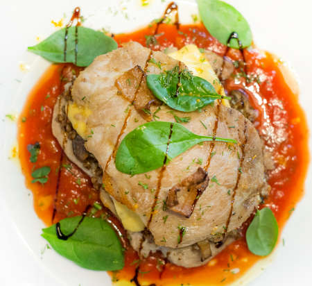 Meat carbonate with cheese and mushrooms.の写真素材