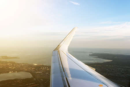 Aerial view of the plane wing over Tallinn city.の写真素材