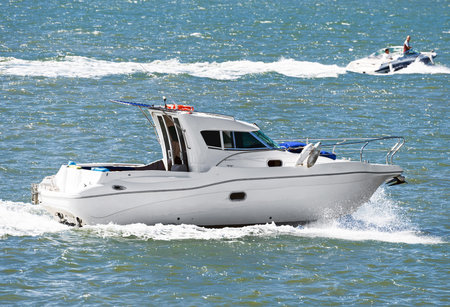 Motor boat in the open sea.の写真素材