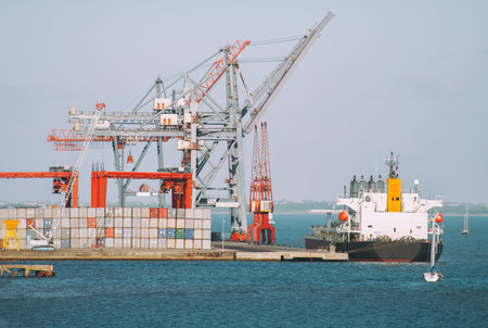 Industrial sea port with containers and cranes and ship.
