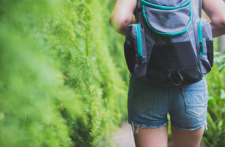 Woman traveller with backpack in the forest.