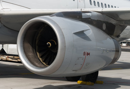 Close-up view of aircraft reaction engine.