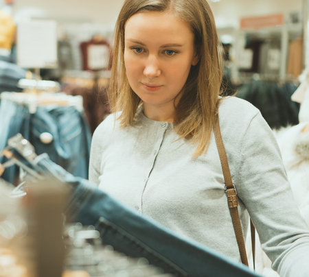 Woman choosing jeans in clothing store.