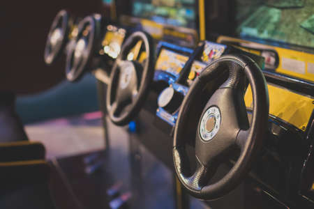 Racing simulator game in theme park.の写真素材