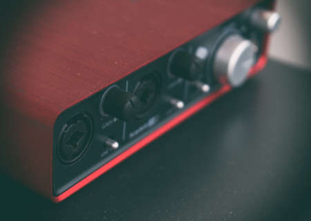 Close-up view of Professional portable red sound card.の写真素材