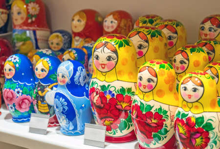 Lot of traditional Nesting dolls or Russian Matryoshka on the store shelves.の写真素材