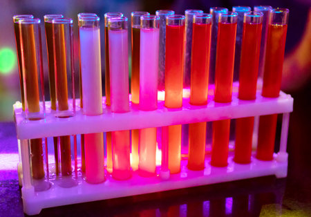 Twenty alcohol cocktails in test tubes in concept bar.