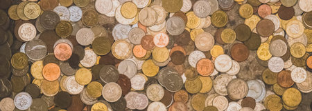 Lots of different coins. Close-up view.