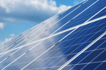 Blue solar panels over blue sky. Renewable energy.