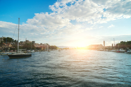 Cetina river with ships and boats in Omis, Croatia.のeditorial素材